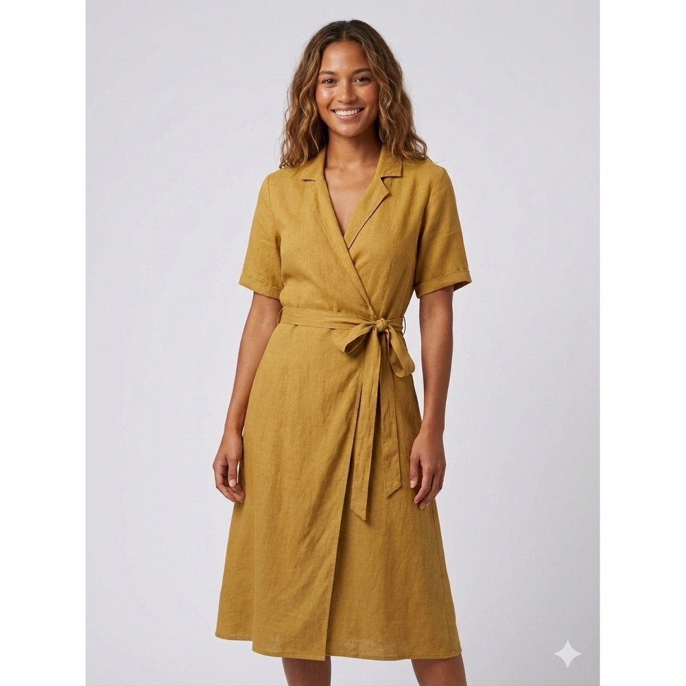 Grae Cove Mustard Yellow 100% Linen Short Sleeve Wrap Midi Dress